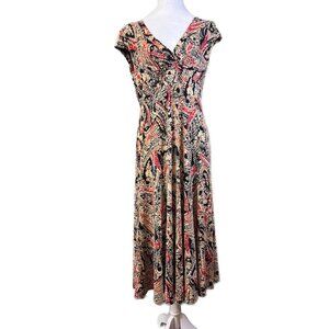 Jones New York Midi Dress • Size 6 • Paisley Print • Stretchy V-Neck Fit & Flare